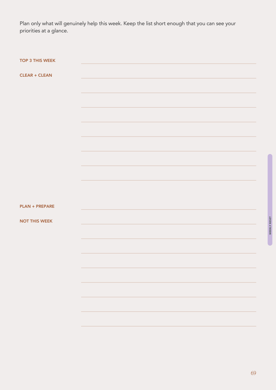 Weekly reset planner page